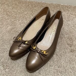 Salvatore Ferragamo Brown Leather Flats with Gold Accents